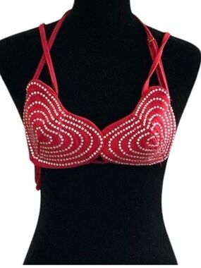 Sexy Red Fabric Heart Shaped Bra Lingerie with Rhinestones S